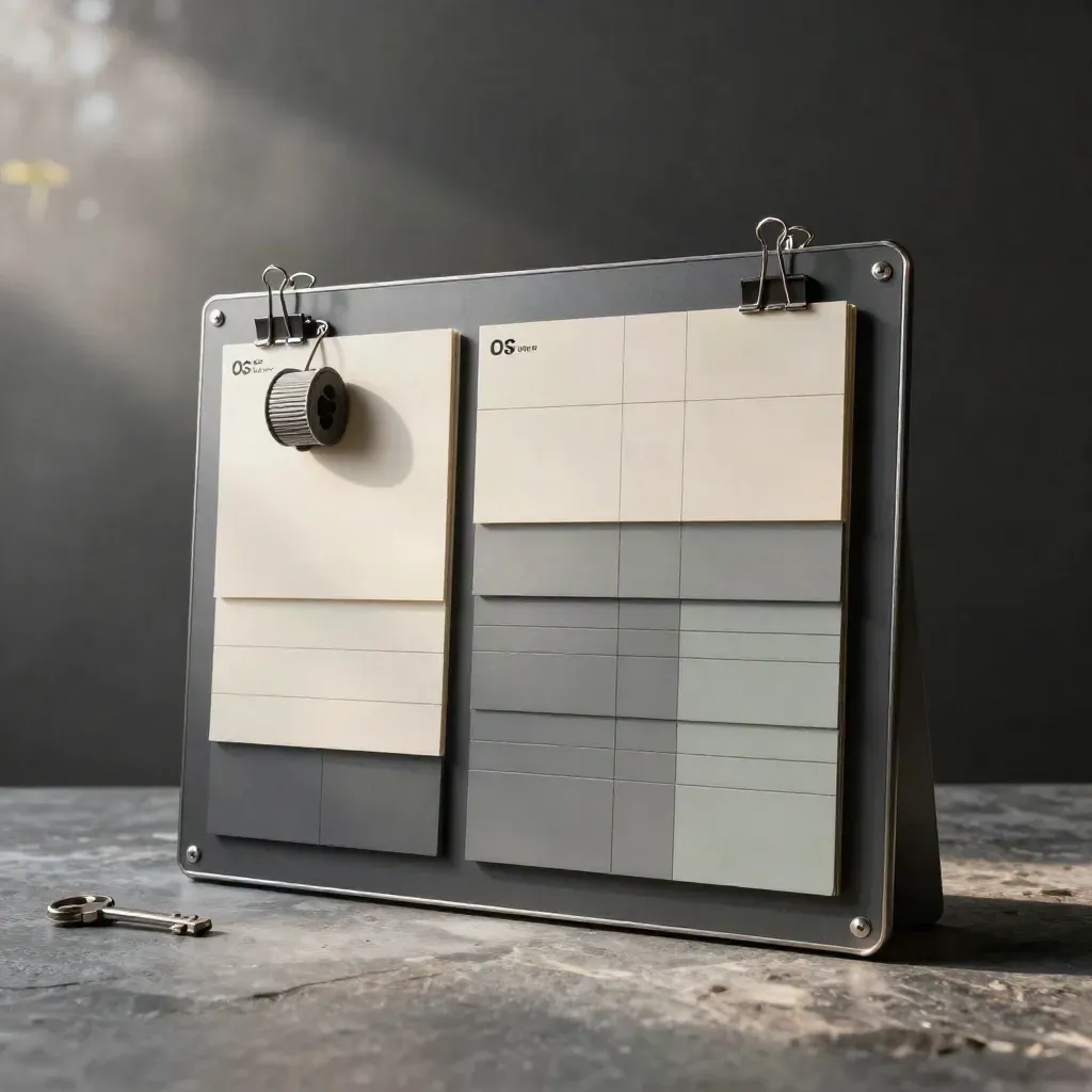Graphite planning board, blank tiles, steel clips and cable spool on misty studio stone.
