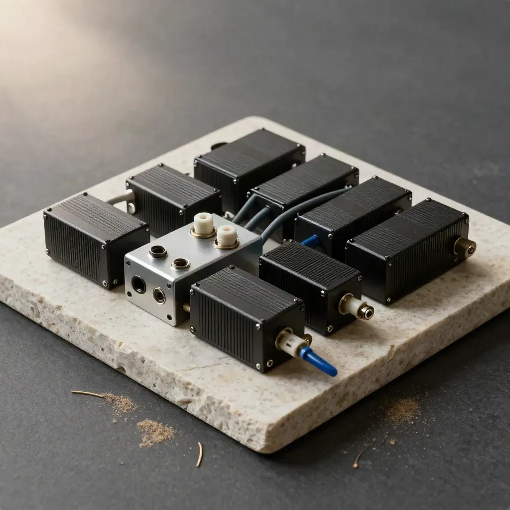 Top-down still life of rail relays, aluminium junction block and coiled cable on pale stone.
