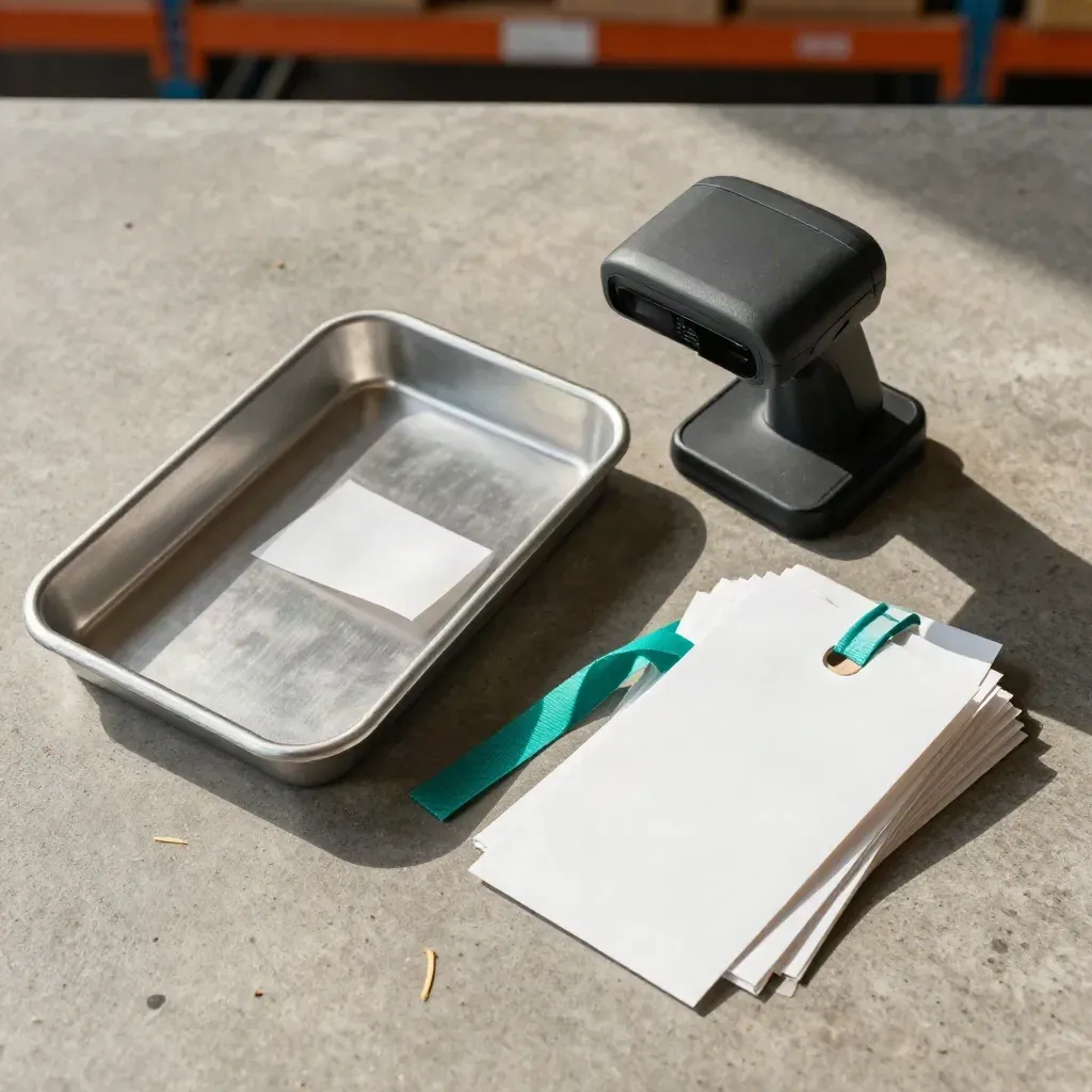 Overhead retail order tools on concrete: tray, scanner cradle, parcel tags and teal strap