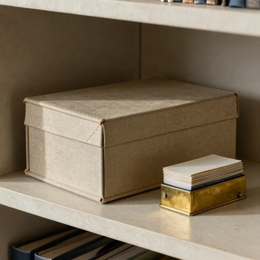 Charcoal linen ledger box with brass paperweight and clipped-corner tabs on a pale stone shelf.