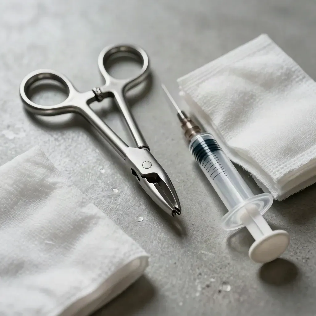 Macro medical still life with clamp, syringe barrel, and gauze on cool brushed steel.