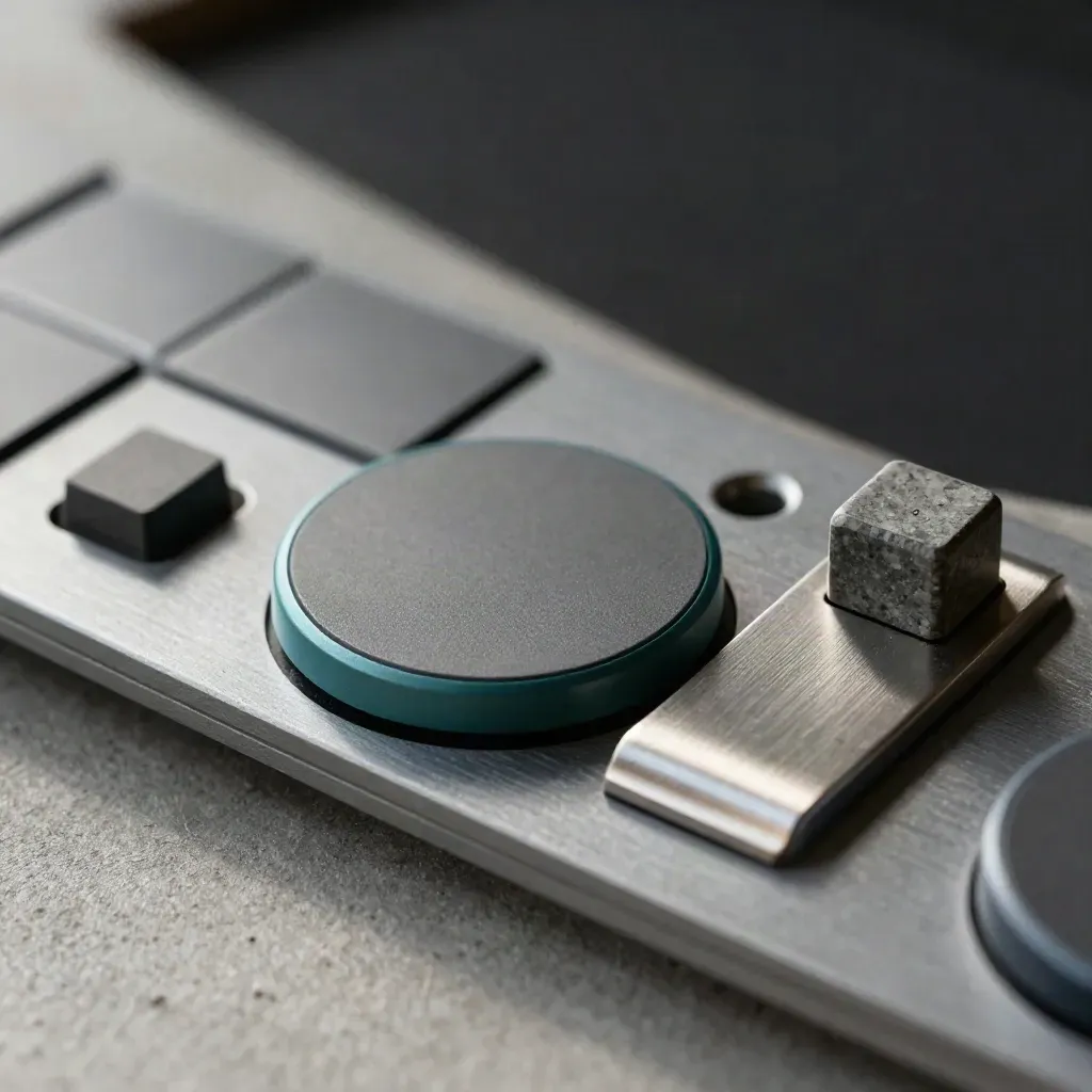 Macro of a magnetic task token, board clip and alignment blocks on graphite