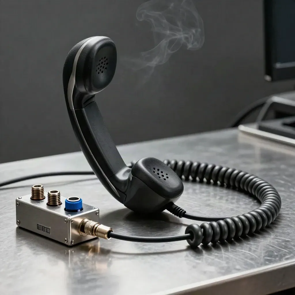 Broadcast handset, patch bay adapter and braided lead on brushed steel with blue accent.