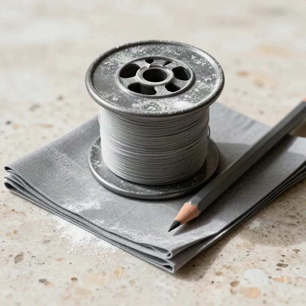 Chalk line reel, slate pencil and grey swatch in a pale stone macro still life.