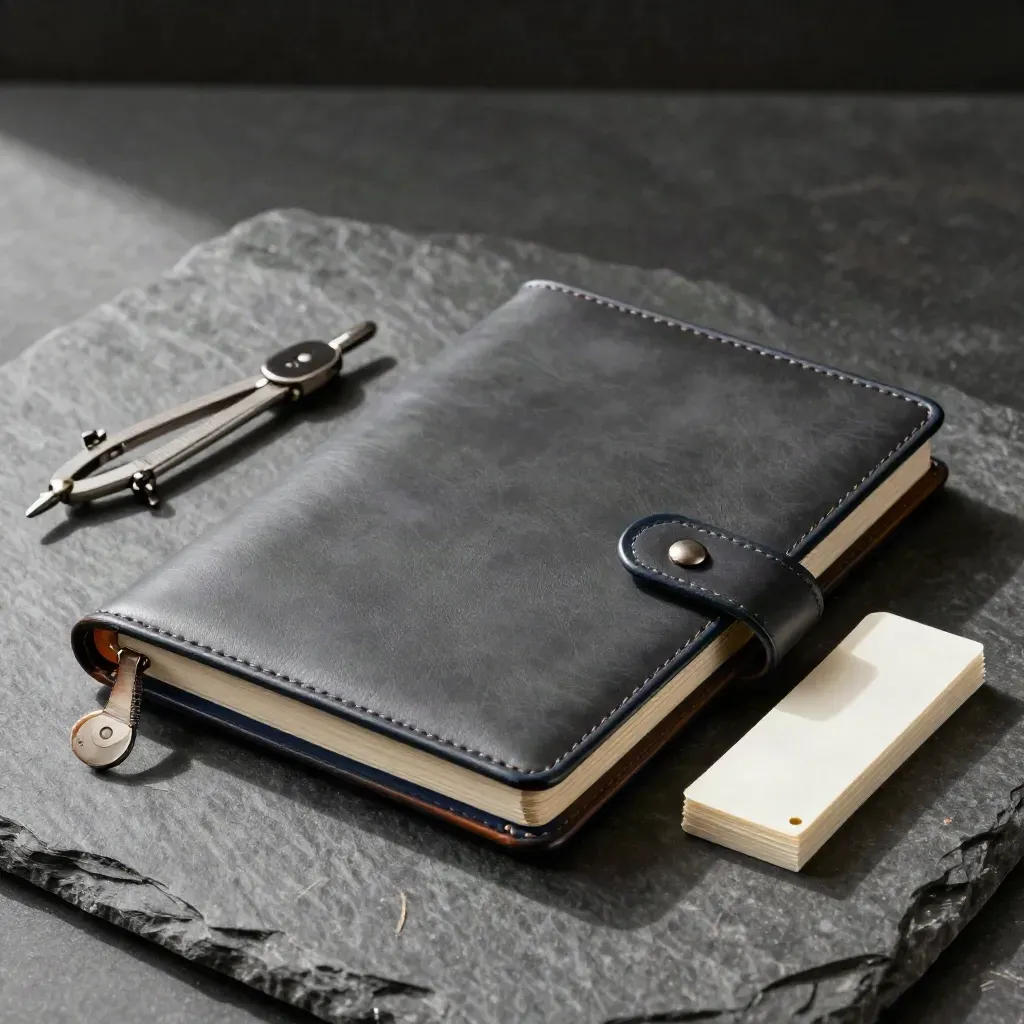Slim planner case with precision dividers and milestone tabs on a graphite stone slab.