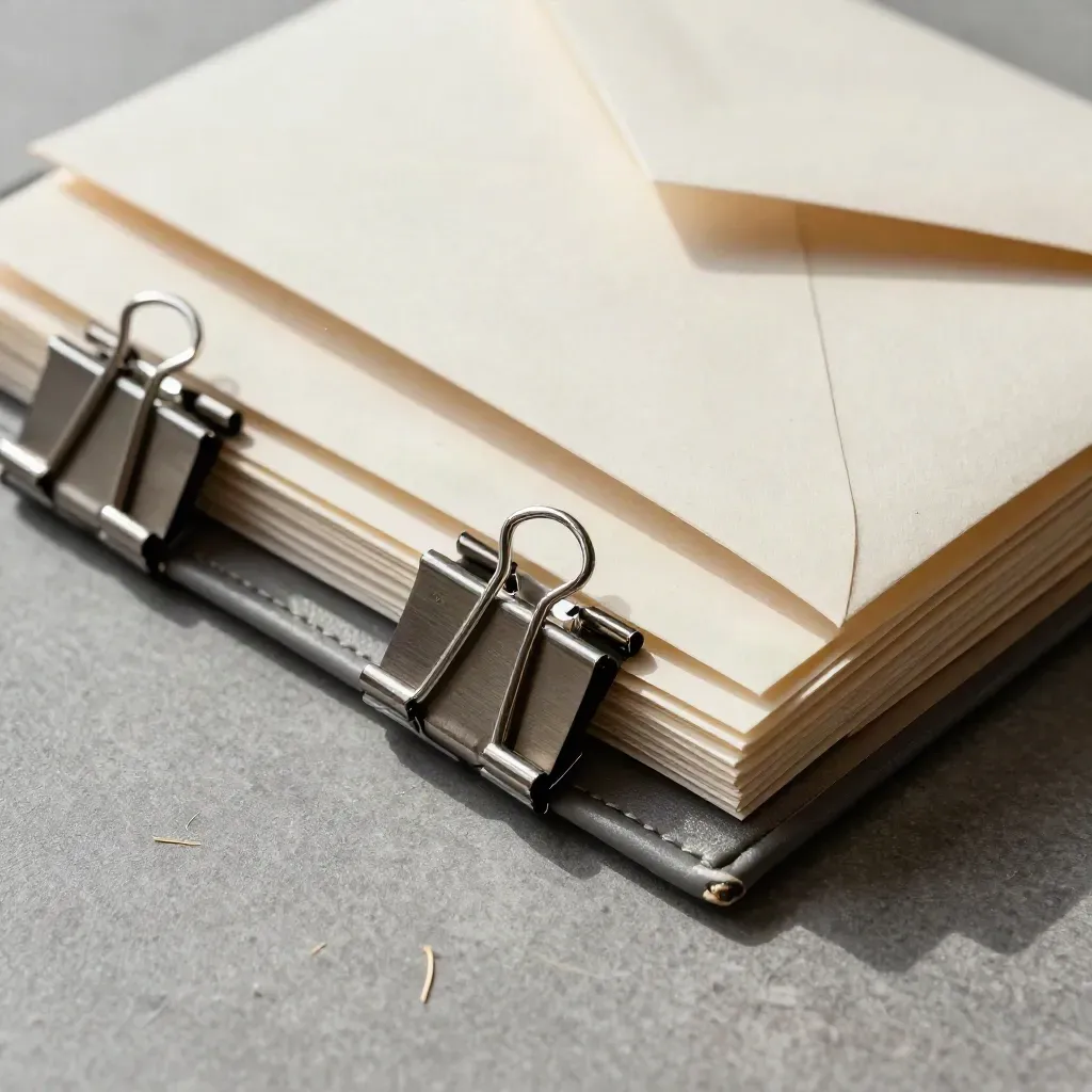 Top-down still life of a graphite document wallet with archival clips and an envelope sleeve.