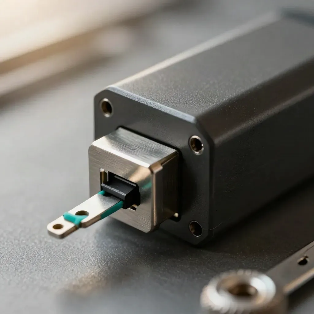 Macro of a relay module, toggle bank and connector block on a graphite surface.