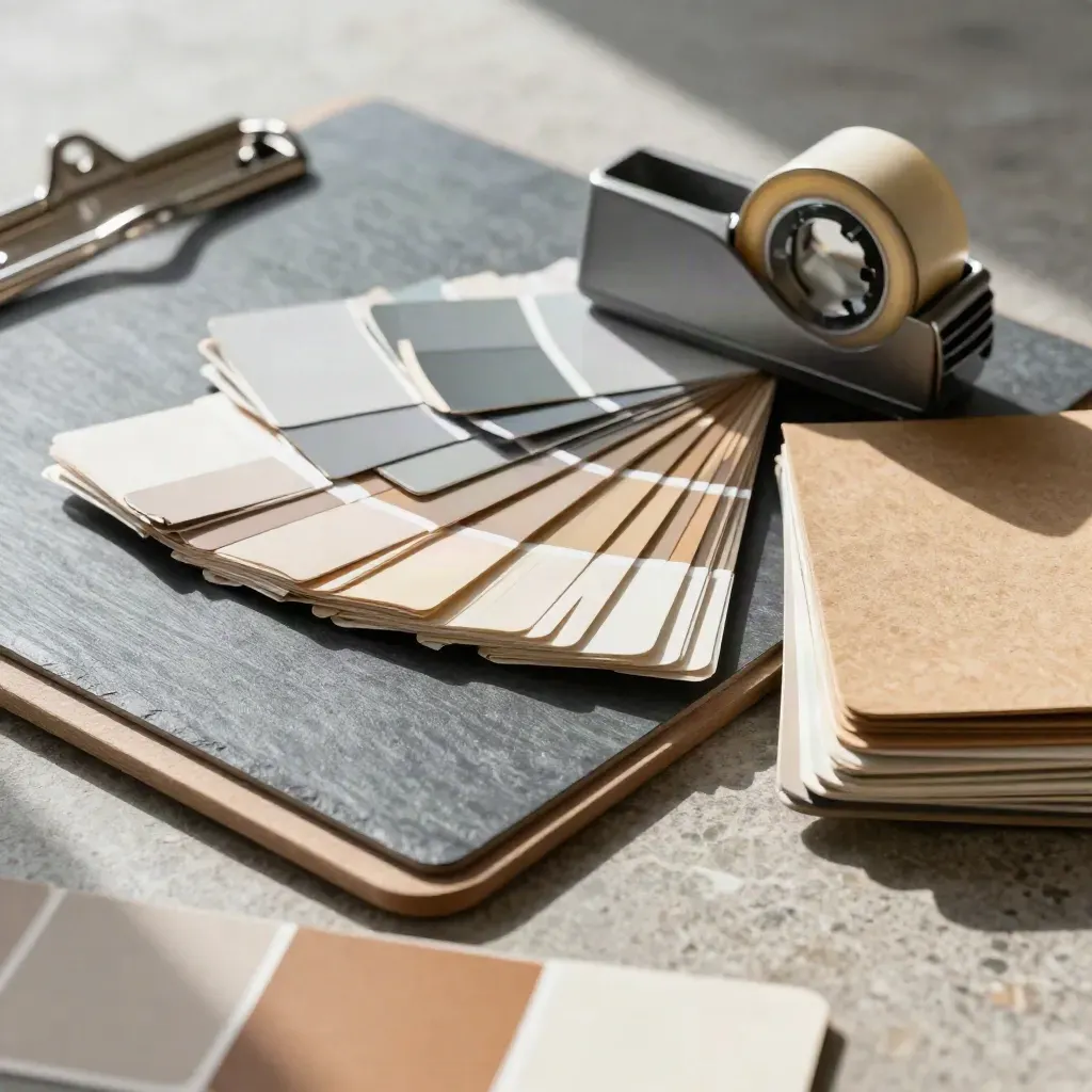 Swatch fan, steel clipboard, tape dispenser and sample sleeve on stone in dramatic light.