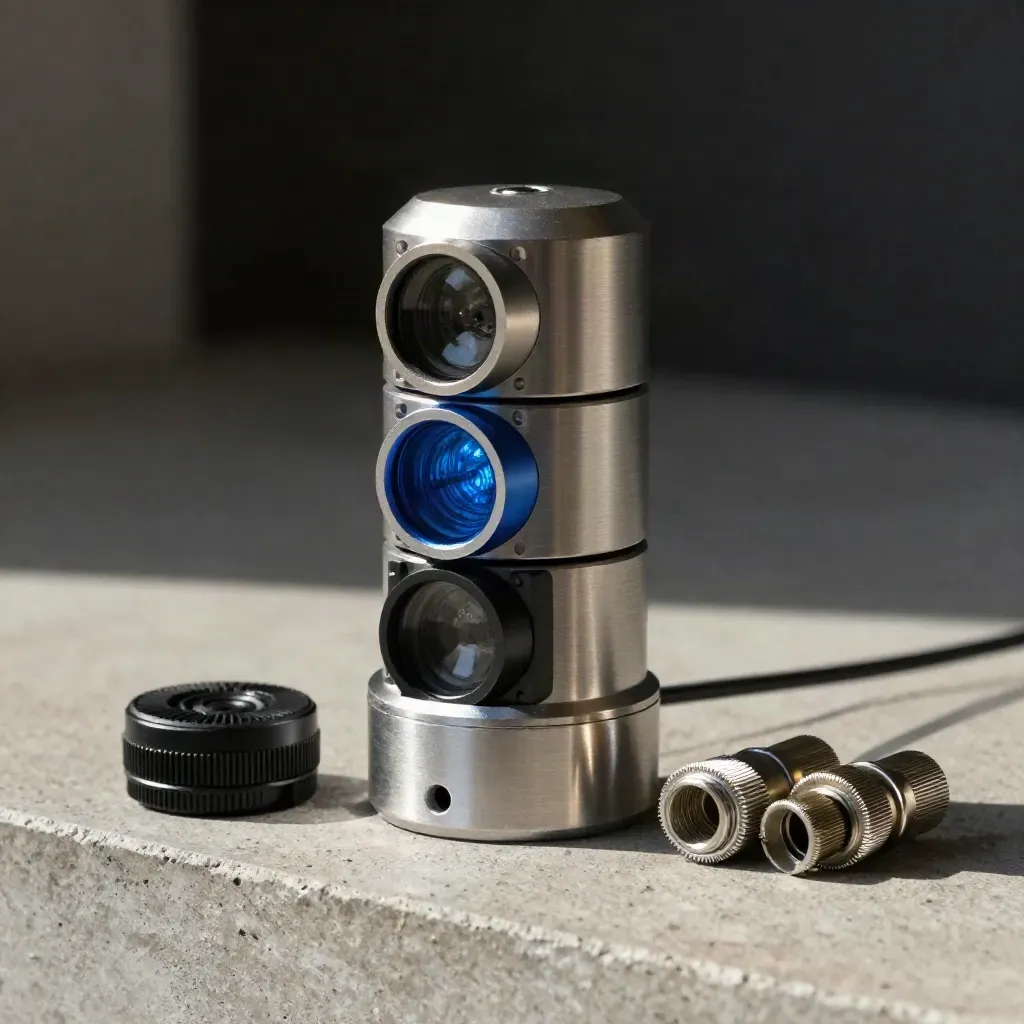 Matte aluminium status light column glowing blue beside a signal puck and cable ferrules.