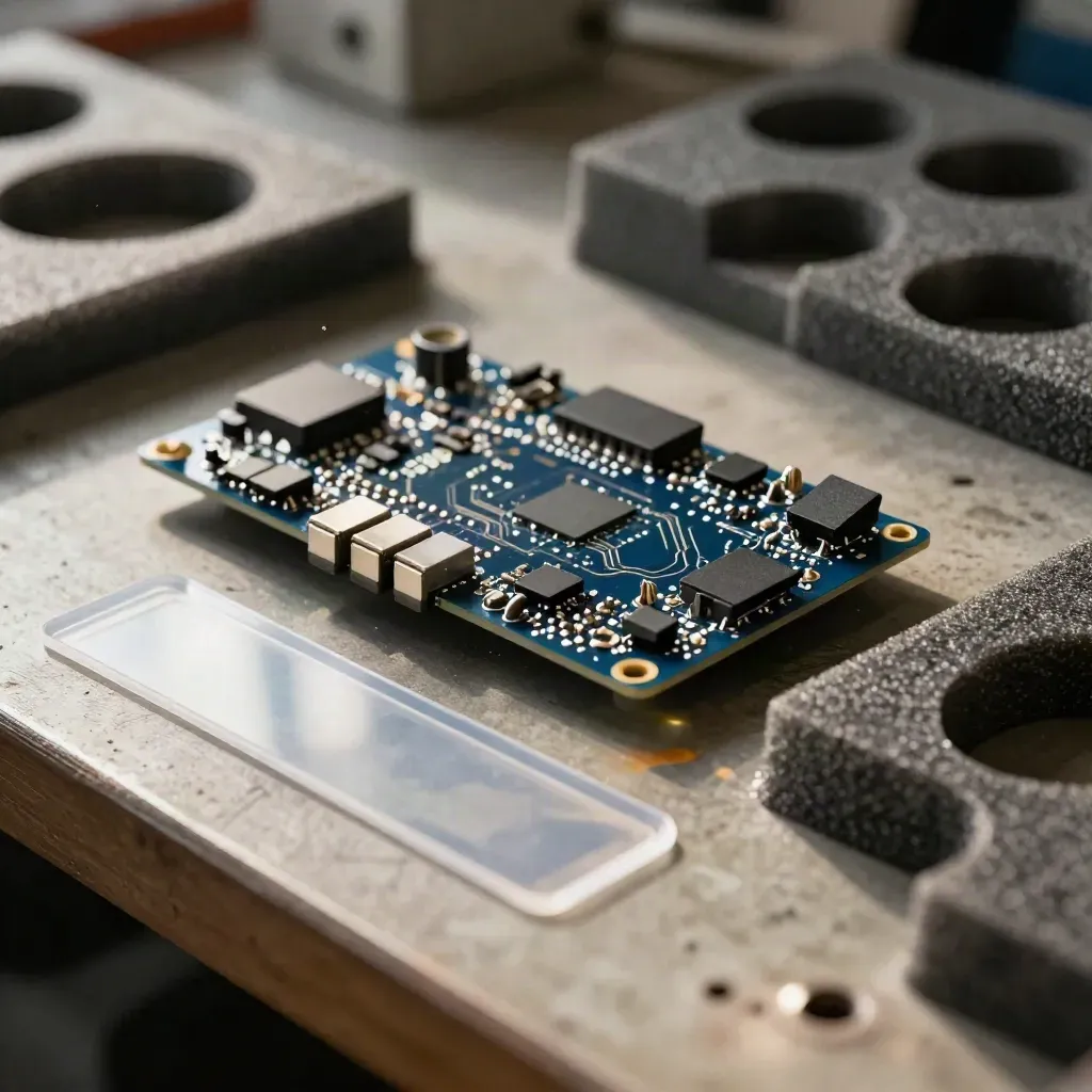 Prototype circuit board beside foam insert and clear protective shell on a workbench