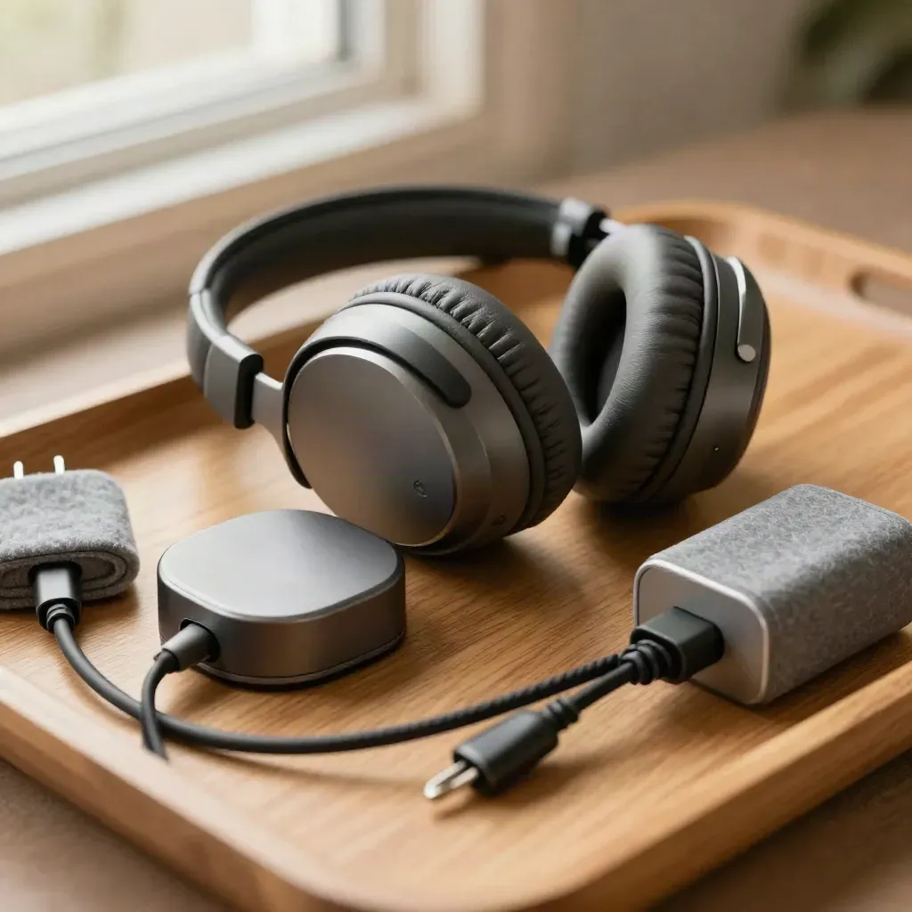 Macro still life of a travel headset, charging puck and adaptor on warm oak with soft window light.