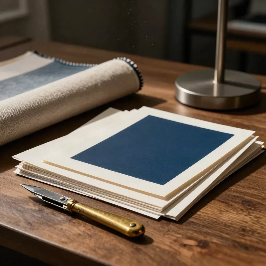 Brass paper knife, card mockups, fabric roll and lamp base on a walnut studio table.