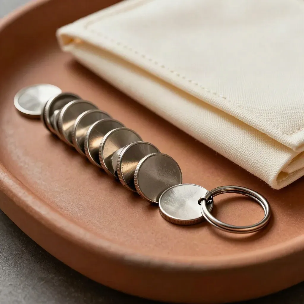 Macro flat lay of metal task tokens, ring clips and a folded pouch on terracotta plaster.
