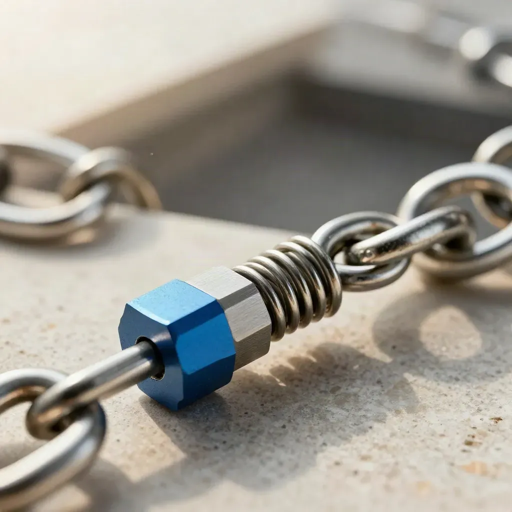 Macro of linked steel rings and a spring connector around a tiny modular block