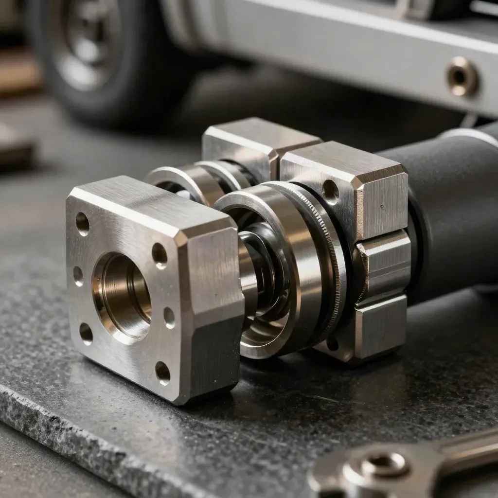 Macro of locked aluminium connector blocks and rings on graphite stone in dramatic light