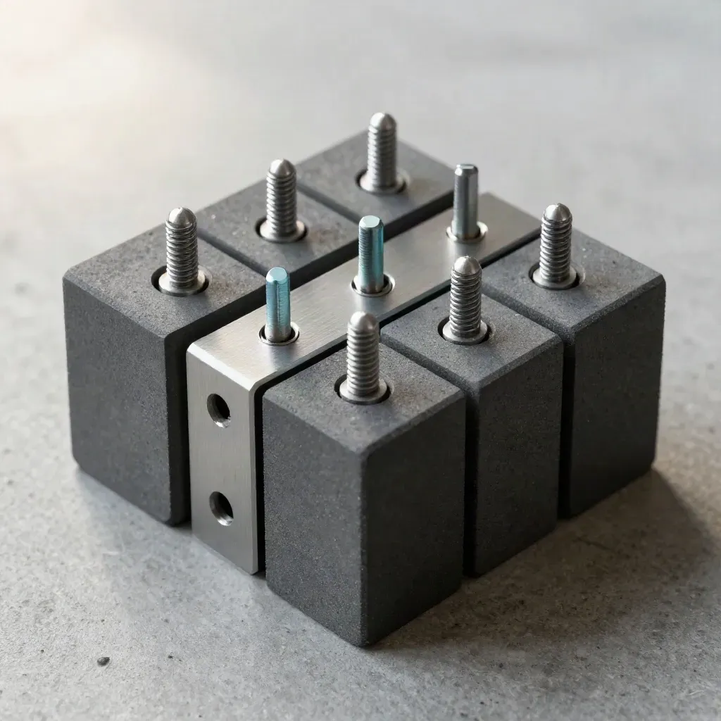 Top-down macro of graphite modular blocks, precision pins and a brushed metal joiner plate.