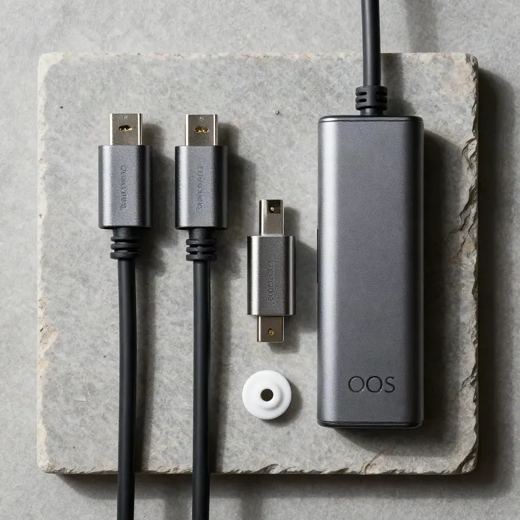 Overhead still life of adapters, cable guide, and docking block on stone.