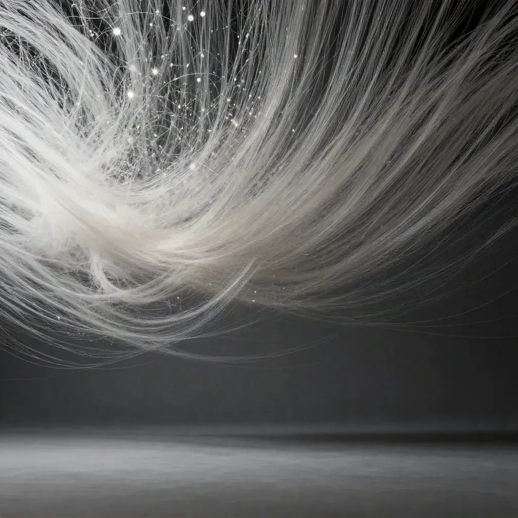 Silver filaments converge into a soft white bloom in calm graphite haze, leaving open space below.